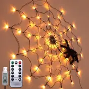 Halloween 12m 70 LED Spider Web Lights with 30cm Spider USB Power Remote Control for Room Porch Window Yard Outdoor Decoration Color Warm Yellow