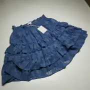 Lauren Conrad Skirt Womens Large Denim Flare Sheer Smocked-Waist Mini Peasant
