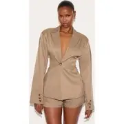 Light Brown Tailored Woven Cinch Waist Blazer, Light Brown