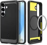 SPIGEN Rugged Armor MagFit for Samsung Galaxy S25 Case, Compatible with MagSafe Magnetic Ring, Air Cushion Protection Carbon Fiber Design Raised Edge Non-Slip Grip Cover - Black