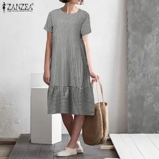 Zanzea 女士復古日常圓領後領開襟百褶線條條紋短袖連衣裙