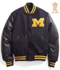 Varsity Letterman Bomber Jacket Black Wool/Embroidery & Genuine Leather Sleeves