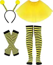 Asikkon Women's Adult Bee Costume Set - 4pcs Honeybee Costume Accessories with Antenna Headband, Tutu Skirt, Leg Warmers, Arm Warmers & Gloves - Yellow - One Size - Halloween