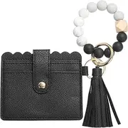 [SUIKIHUM] Card Holder Wallet with Silicone Beaded Bracelet, Slim PU Leather Wallet for Women, Compact and Lightweight Design for Daily Use, Black, Black, Daily