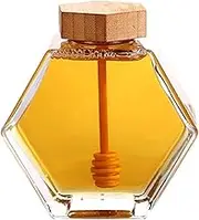 Honey Glass Jar Hexagon Shape Honey Pot Container Syrup Storage Jar with Wooden Dipper and Cork for Home Kitchen -220ml
