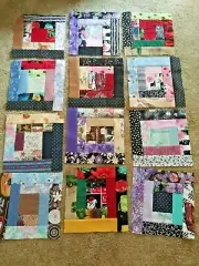 Set of (12) 9" X 9" Log Cabin Quilt Blocks made from Cotton scraps Pre sewn
