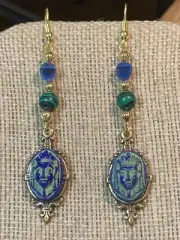 NEW ITEM*EGYPT REVIVAL CZECH NEIGER GLASS PHARAOH EARRING W/AZURITE/MALACHITE.g
