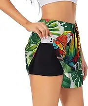 [GaxfjRu] Tropical Flower Leaf Parrot Print Women's Running Shorts High Waisted Running Shorts Pocket Sporty Gym Elastic Short