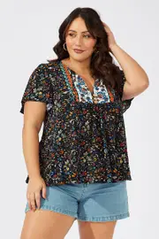 Black Boho Peasant Top Short Sleeve