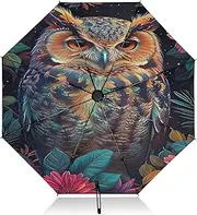 [RPLIFE] Owl and Flower Leaves Compact Umbrella, Lightweight Durable Auto Open Close for Women, Travel Umbrellas for Rain and Sun