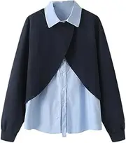 [Generic] Womens 2 Pieces Sets Fake 2 Pieces Sweatshirts+Mesh Patchwork Irregular Skirts Sets