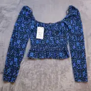 Zara Shirt Womens Small Blue Lightweight Casual Peasant Long Sleeve Cropped