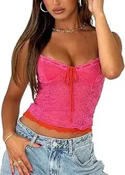 [Generic] Lace Tank Tops for Women Sexy Lace Trim Spaghetti Strap Camisole Backless Summer Going Out Crop Top