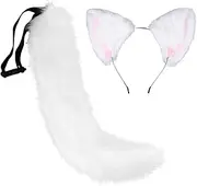 Cat Ears Fox Tail Handmade Plush Tail Set for Role Playing, Artificial Fur Headwear, Party Costumes (white)