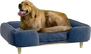 PawHut Dog Sofa, Raised Pet Bed Couch with Comfortable Cushion, Pine Wood Legs, Foot Pads, for Large-Sized Dogs Indoor Use, Dark Blue