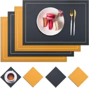 Placemats and Coasters Set of 4, PU leather Heat-Resistant Table Mats Non-Slip Washable Place Table Mats (Blue Yellow)