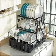 ZQZHDQ 3-Tier Dish Drain Rack, Carbon Steel Material, with 360° Rotating Drain Plate, with Cutlery Holder, Cup Holder, Cutting Board Holder, Suitable for Kitchen Storage