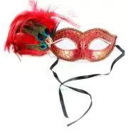Red Crackled Masquerade Venezia Eye Mask with Peacock Feathers and Jewels
