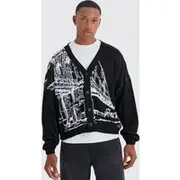 Mens Black Boxy Oversized Line Graphic Cardigan