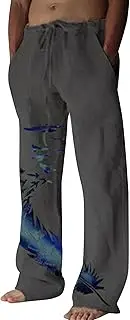 [Generic] Mens Boho Cotton Linen Pants Drawstring Yoga Beach Pants Men Loose Fit Lightweight Elastic Waist Vacation Print Pants