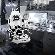 Gaming Chair Cute with Cat Ears Paw Lumbar and Cushion,Ergonomic Computer Chair with Footrest,Reclining PC Game Chair for Girl Computer Chair 300lbs for Adult Black White