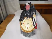 PAINTED CERAMIC BISQUE CLOCK W/WORKS NATIVE INDIAN "WOLF SPIRIT" WITH FALL FACE