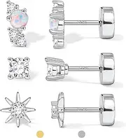 [Kakonia] Hypoallergenic Flat Back Earrings for Women | 14K Gold Plated Sterling Silver Post Stud | Cartilage Helix Conch Tragus Piercing Jewelry 3 Pairs Tiny Screw Dainty CZ Opal Earring Set Men