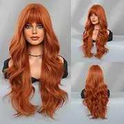 [KAMIMASU] Long Curly Red Brown Wig with Air Bangs Auburn Hair Copper Red Synthetic Wig Full Machine Made No Lace Heat Resistant Fiber Ginger Orange Wigs for Women, Drag Queen Cosplay 28 Inches