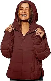 [VESNIBA] Women's Quilted Pullover Puffer Jacket Oversized Long Sleeve Hooded Coats Winter Warm Lightweight (Brown-c, L)