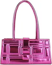 Vegan Patent Leather Retro Shoulder Bag, Laser Texture, Razzberry Designer Bags, with Dust/Storing Bag included