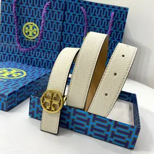 Tory Burch TB金色圓扣皮帶女頭層牛皮皮帶窄款細腰帶兩色兩面可用帶盒子包裝-阿拉朵朵