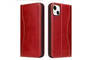 For iPhone 15 Case Fierre Shann Genuine Cowhide Leather Wallet Cover Red