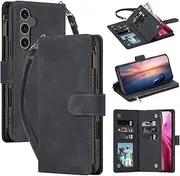 for Samsung Galaxy A15 5G Wallet Case,for Galaxy A15 5G Case,Boyobacase PU Leather Wallet Flip Cover Stand Feature[ 6 Card Slots and 1 Zipper Coin Pocket] with Wrist Strap-Black