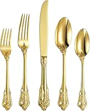 KEAWELL Gorgeous Gold Flatware Box Sets of Steel Knives and Forks,Heavy Tableware Antique Gold Flatware Set,Gold Flatware 18/10 Service for 4,Antique Baroque Gold-Plated Style Flatware Set