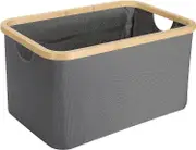 Foldable Laundry Basket Foldable Bamboo Rim Multifunctional Storage Boxes Ideal for Bathroom Bedroom (Grey, 34L)