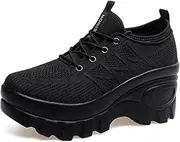 [Pucepen] Orthopedic Walking Shoes for Women Chunky Platform Comfort Wedge Walking Shoes for Women Non-Slip Breathable Slip-On Womens Trail Running Shoes, Black-thin Laces, 5.5
