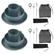 Camping Utensils Set for 2 Portable Wheat Straw Mess Kit with Bowl Plate U7N3