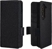 Samsung Galaxy Z Fold 6 5G Wallet Case Genuine Leather Magnetic Buckle Flip Case Card Holder Shockproof Flip Cover - Black