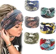 ACEmedia Boho Bandeau headbands for Women Wide Bandana Knot Hair Scarf Floral Printed African Hair Bands Elastic Turban Thick Head Wraps Stretch Cotton Head Bands,Pack of 6
