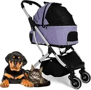 Dog Strollers for Medium Small Dogs, Folding Dog Pram Pet Stroller Buggy, Cat Dog Stroller Travel Carrier Cart Detachable Dog Prams Pushchairs, Large Capacity Net(Purple)
