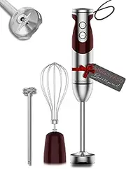 MegaWise Pro Titanium Reinforced 3-in-1 Immersion Hand Blender, Powerful MOTOR with 80% Sharper Blades, 12-Speed Corded Blender, IncludingWhisk and Milk Frother (3-in 1 Red)