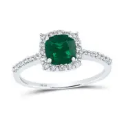 10K WHITE GOLD CUSHION SYNTHETIC EMERALD DIAMOND SOLITAIRE RING 1-1/5 CTTW