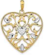 [JewelryWeb] 14ct Two tone Gold Love Heart With Filigree Cut out White Leaf Accents Pendant Necklace 32.6x26.2mm Wide