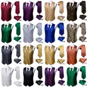 Barry Wang Mens Waistcoat Silk Vest Tie Hankie Cufflinks Set Wedding Formal Prom