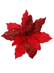 Red Sequin & Fabric Petal Poinsettia Decorative Christmas Flower Pick - 15cm