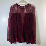 Womens Charlotte Russe+ Velour Top Peplum Rockin Royalty Netting Maroon 3X NWT
