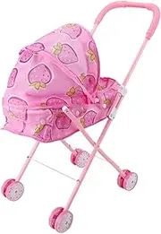 Doll Stroller Cartoon Pattern Baby Doll Stroller Foldable Pram with T-Shaped Safety Belt & Push Handle Detachable Washable Baby Pram for Girls, Pretend Play, Strawberry
