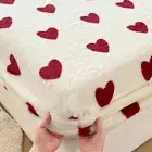Plush Fitted Sheet Elastic Mattress Cover Red Heart Printed Warm Bed Linens