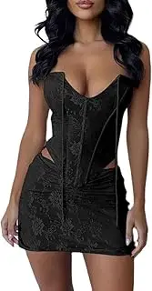[Generic] Women 2 Piece Bodycon Mini Skirt Set Backless Tie Up Floral Lace Bustier Corset Top Match Wrap Mini Skirt Set