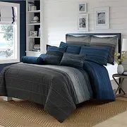 Amsons Double Bed Quilt Cover Set – Grey, Black, Blue Stripes Doona Cover - 100% Cotton Bedding Duvet Cover Sets (3pc, Double)